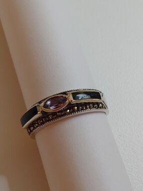 Sterling Silver Marquise Amethyst and Black Inlay Stackable Ring
